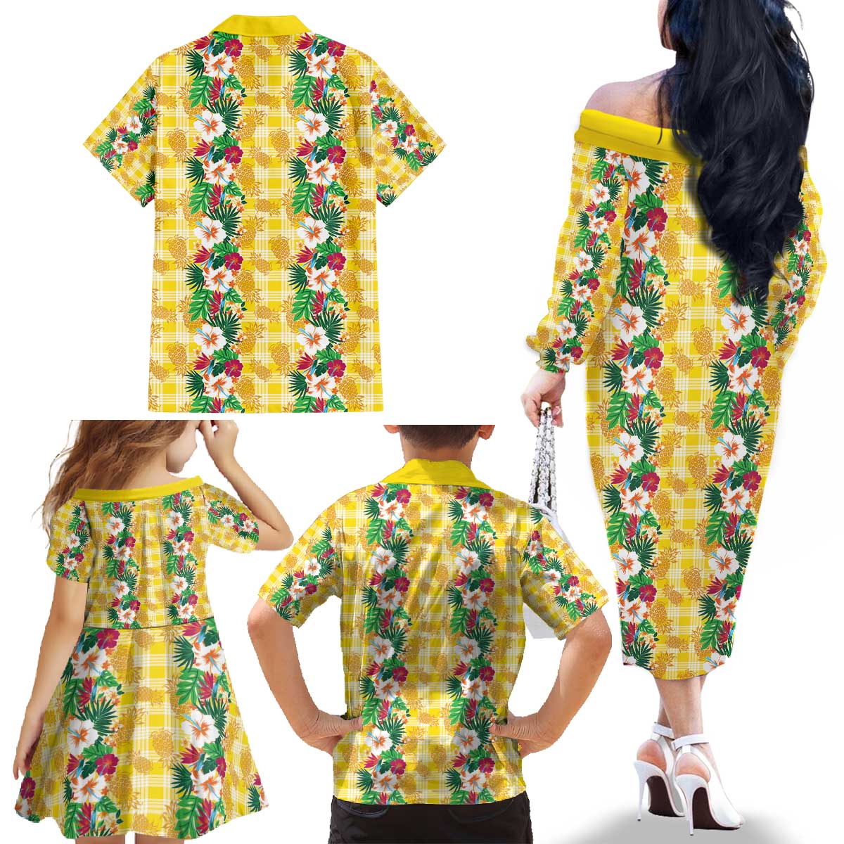 Hawaiian Palaka Family Matching Off The Shoulder Long Sleeve Dress and Hawaiian Shirt Hibiscus Pineapple Lei LT9 - Polynesian Pride