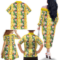 Hawaiian Palaka Family Matching Off The Shoulder Long Sleeve Dress and Hawaiian Shirt Hibiscus Pineapple Lei LT9 - Polynesian Pride