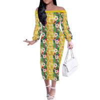Hawaiian Palaka Family Matching Off The Shoulder Long Sleeve Dress and Hawaiian Shirt Hibiscus Pineapple Lei LT9 Mom's Dress Yellow - Polynesian Pride