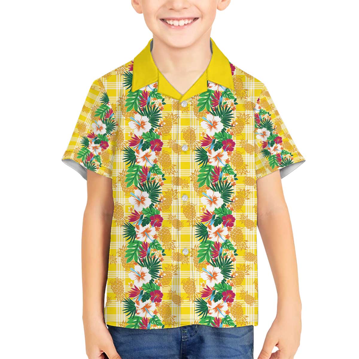 Hawaiian Palaka Family Matching Off The Shoulder Long Sleeve Dress and Hawaiian Shirt Hibiscus Pineapple Lei LT9 Son's Shirt Yellow - Polynesian Pride