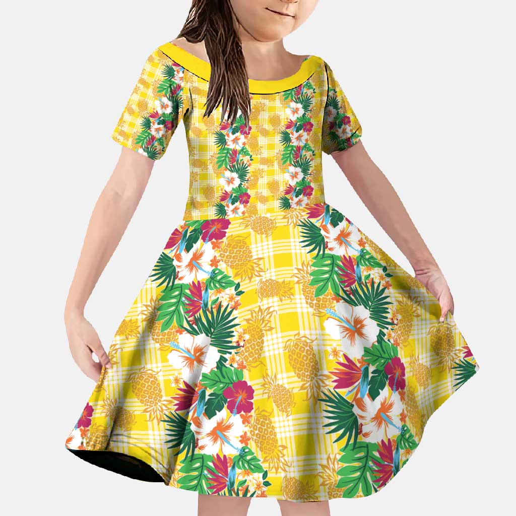 Hawaiian Palaka Family Matching Off Shoulder Maxi Dress and Hawaiian Shirt Hibiscus Pineapple Lei - Polynesian Pride