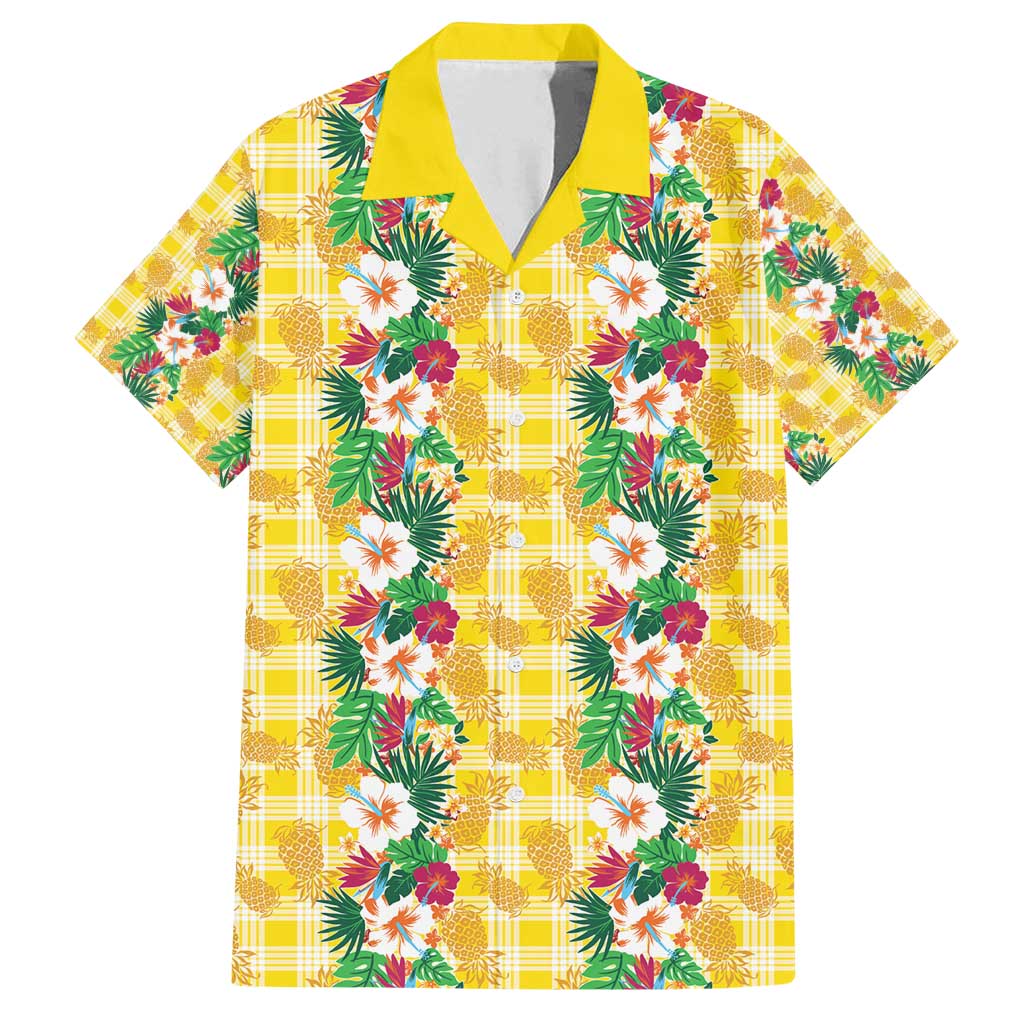 Hawaiian Palaka Family Matching Off Shoulder Short Dress and Hawaiian Shirt Hibiscus Pineapple Lei - Polynesian Pride