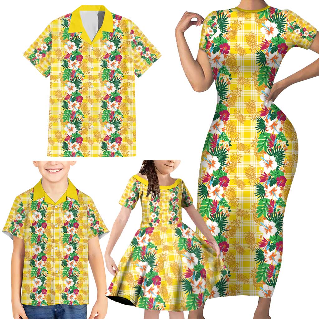 Hawaiian Palaka Family Matching Short Sleeve Bodycon Dress and Hawaiian Shirt Hibiscus Pineapple Lei LT9 - Polynesian Pride