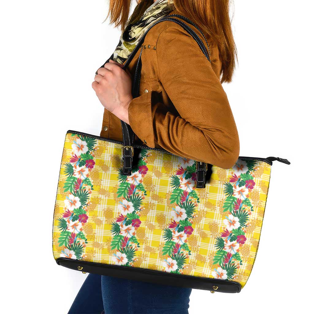 Hawaiian Palaka Leather Tote Bag Hibiscus Pineapple Lei - Polynesian Pride