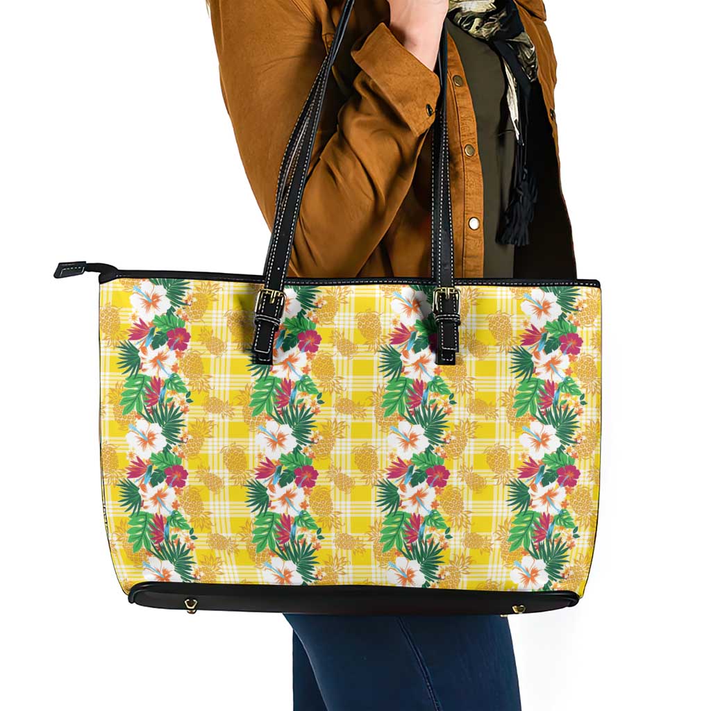 Hawaiian Palaka Leather Tote Bag Hibiscus Pineapple Lei - Polynesian Pride