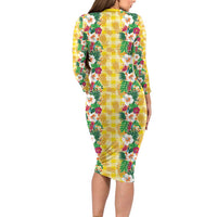 Hawaiian Palaka Long Sleeve Bodycon Dress Hibiscus Pineapple Lei - Polynesian Pride
