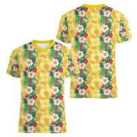 Hawaiian Palaka Women V-Neck T-Shirt Hibiscus Pineapple Lei - Polynesian Pride