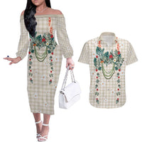 Brown Hawaiian Palaka Couples Matching Off The Shoulder Long Sleeve Dress and Hawaiian Shirt Kukui Nut Money Lei LT9 Brown - Polynesian Pride