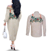 Brown Hawaiian Palaka Couples Matching Off The Shoulder Long Sleeve Dress and Long Sleeve Button Shirt Kukui Nut Money Lei - Polynesian Pride