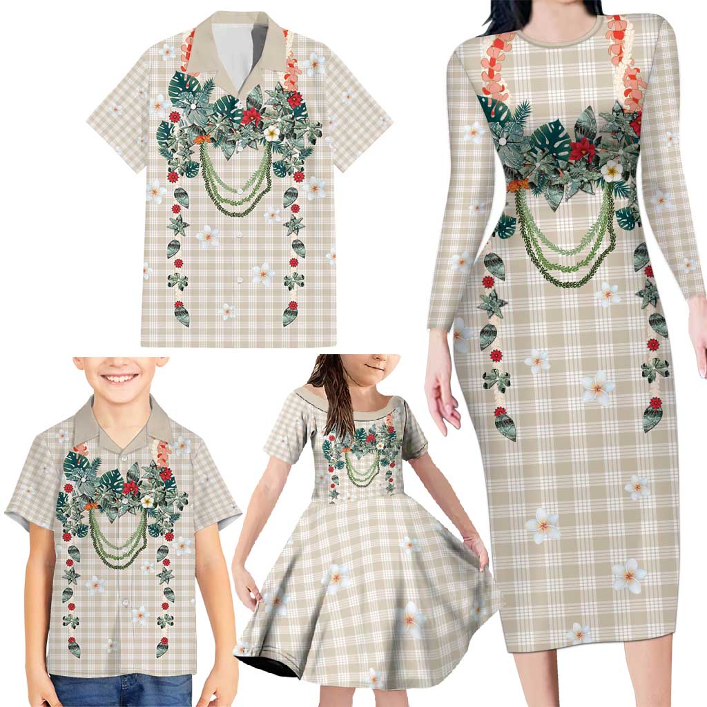 Brown Hawaiian Palaka Family Matching Long Sleeve Bodycon Dress and Hawaiian Shirt Kukui Nut Money Lei LT9 - Polynesian Pride