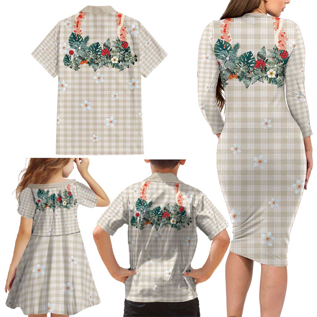 Brown Hawaiian Palaka Family Matching Long Sleeve Bodycon Dress and Hawaiian Shirt Kukui Nut Money Lei LT9 - Polynesian Pride