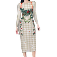 Brown Hawaiian Palaka Family Matching Long Sleeve Bodycon Dress and Hawaiian Shirt Kukui Nut Money Lei LT9 Mom's Dress Brown - Polynesian Pride