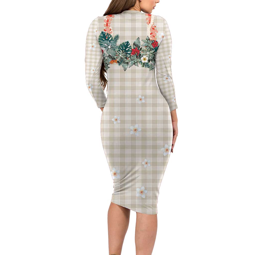Brown Hawaiian Palaka Family Matching Long Sleeve Bodycon Dress and Hawaiian Shirt Kukui Nut Money Lei LT9 - Polynesian Pride