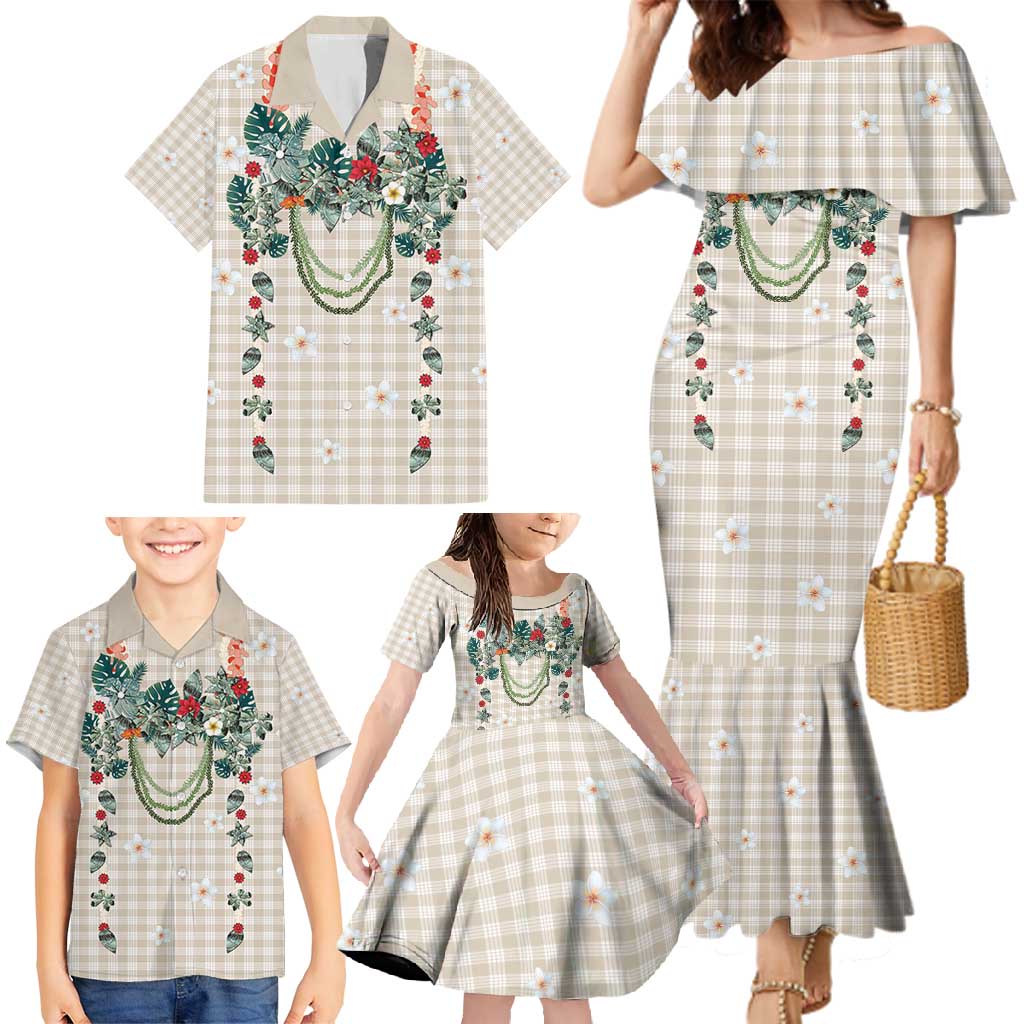 Brown Hawaiian Palaka Family Matching Mermaid Dress and Hawaiian Shirt Kukui Nut Money Lei - Polynesian Pride