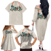 Brown Hawaiian Palaka Family Matching Off The Shoulder Long Sleeve Dress and Hawaiian Shirt Kukui Nut Money Lei LT9 - Polynesian Pride