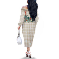 Brown Hawaiian Palaka Family Matching Off The Shoulder Long Sleeve Dress and Hawaiian Shirt Kukui Nut Money Lei LT9 - Polynesian Pride