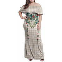 Brown Hawaiian Palaka Family Matching Off Shoulder Maxi Dress and Hawaiian Shirt Kukui Nut Money Lei LT9 Mom's Dress Brown - Polynesian Pride