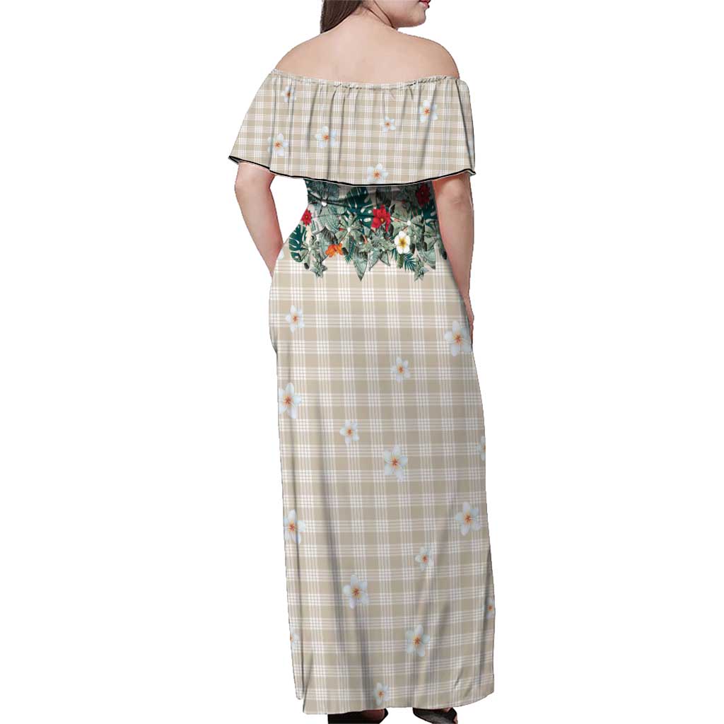 Brown Hawaiian Palaka Family Matching Off Shoulder Maxi Dress and Hawaiian Shirt Kukui Nut Money Lei LT9 - Polynesian Pride