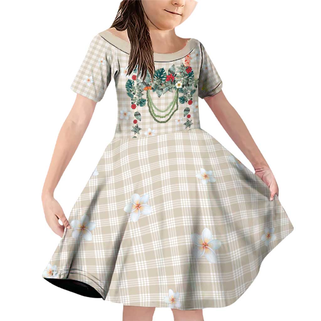Brown Hawaiian Palaka Family Matching Off Shoulder Short Dress and Hawaiian Shirt Kukui Nut Money Lei LT9 Daughter's Dress Brown - Polynesian Pride
