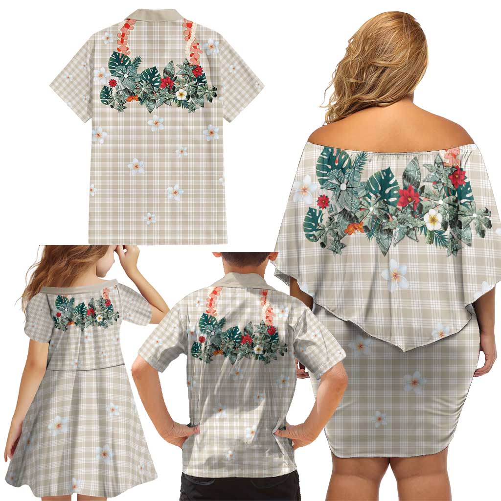 Brown Hawaiian Palaka Family Matching Off Shoulder Short Dress and Hawaiian Shirt Kukui Nut Money Lei LT9 - Polynesian Pride