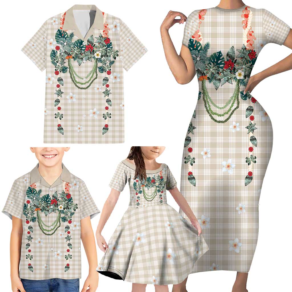 Brown Hawaiian Palaka Family Matching Short Sleeve Bodycon Dress and Hawaiian Shirt Kukui Nut Money Lei - Polynesian Pride