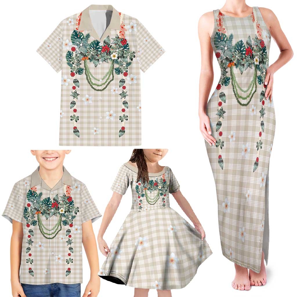 Brown Hawaiian Palaka Family Matching Tank Maxi Dress and Hawaiian Shirt Kukui Nut Money Lei LT9 - Polynesian Pride