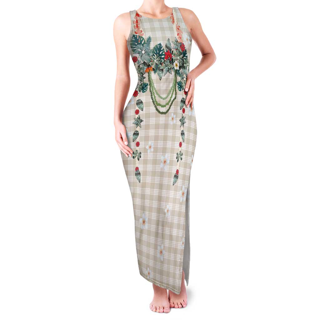 Brown Hawaiian Palaka Family Matching Tank Maxi Dress and Hawaiian Shirt Kukui Nut Money Lei LT9 Mom's Dress Brown - Polynesian Pride