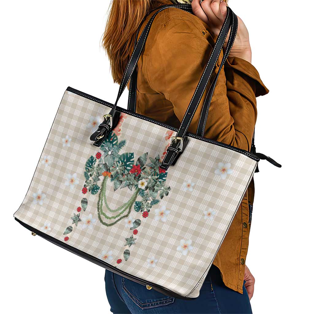 Brown Hawaiian Palaka Leather Tote Bag Kukui Nut Money Lei - Polynesian Pride