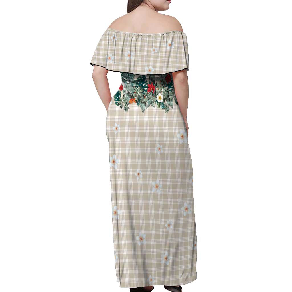 Brown Hawaiian Palaka Off Shoulder Maxi Dress Kukui Nut Money Lei - Polynesian Pride