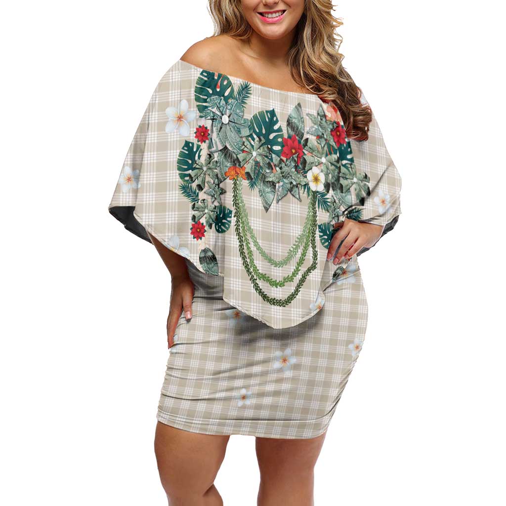 Brown Hawaiian Palaka Off Shoulder Short Dress Kukui Nut Money Lei LT9 Women Brown - Polynesian Pride