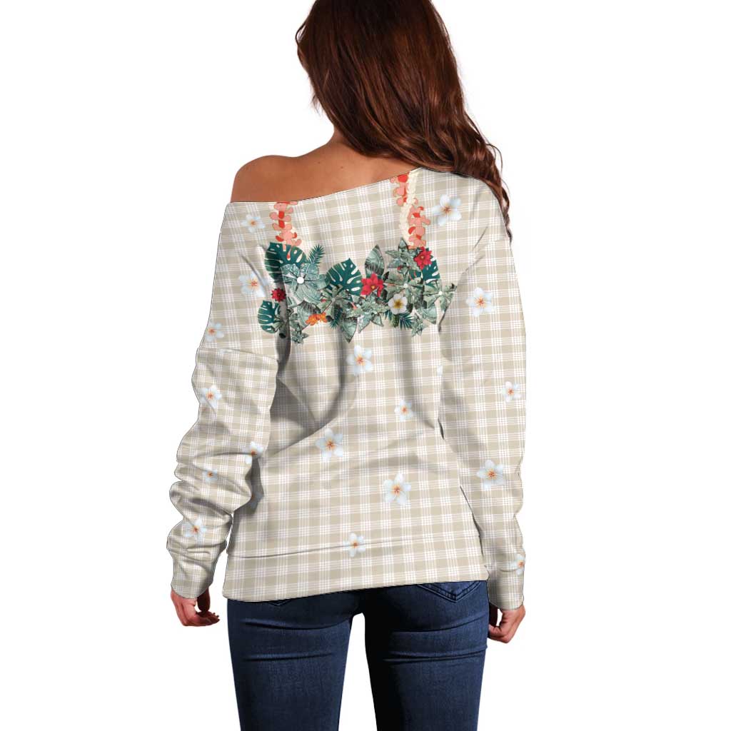 Brown Hawaiian Palaka Off Shoulder Sweater Kukui Nut Money Lei - Polynesian Pride