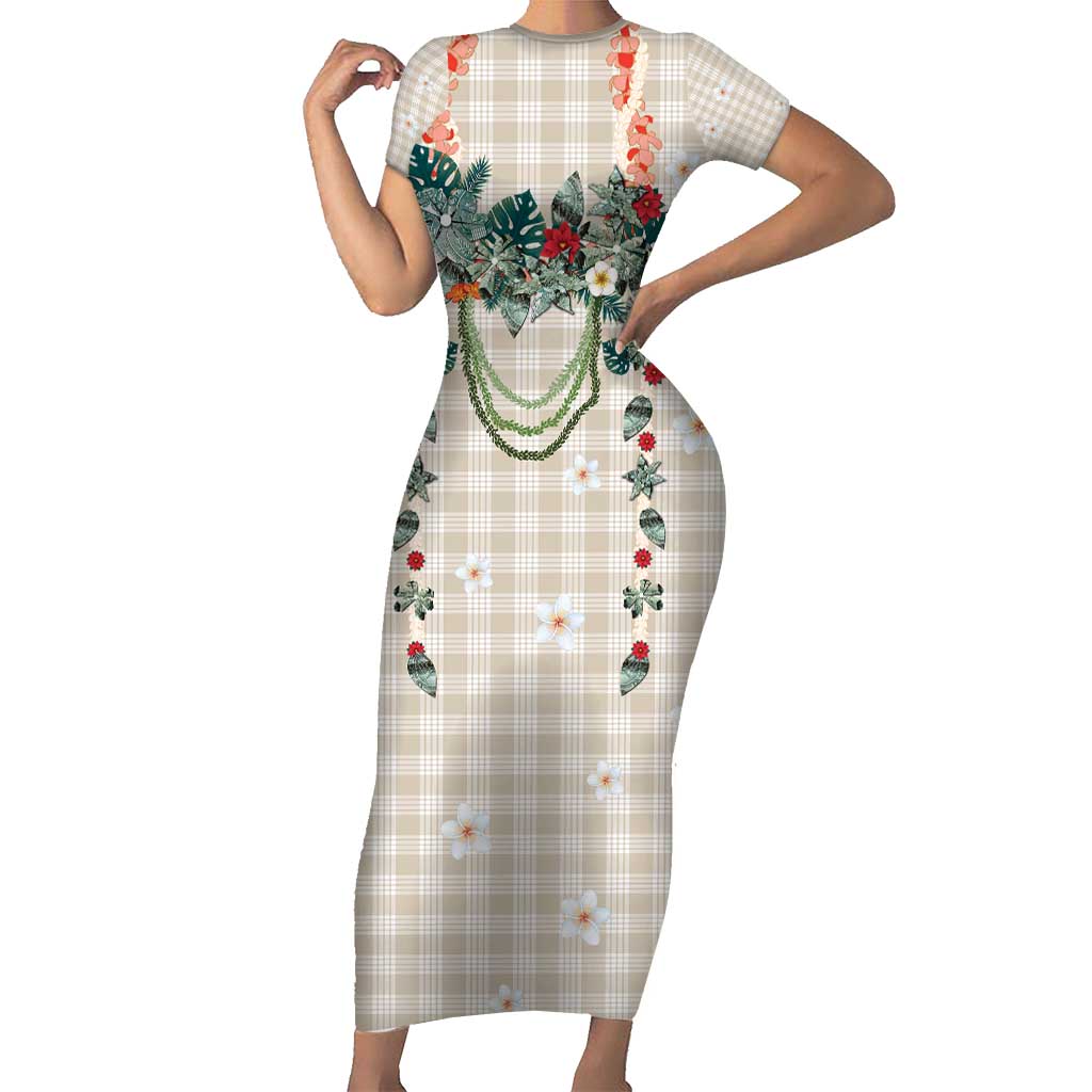 Brown Hawaiian Palaka Short Sleeve Bodycon Dress Kukui Nut Money Lei - Polynesian Pride