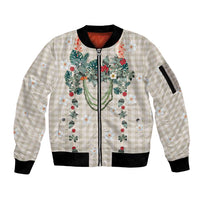 Brown Hawaiian Palaka Sleeve Zip Bomber Jacket Kukui Nut Money Lei - Polynesian Pride