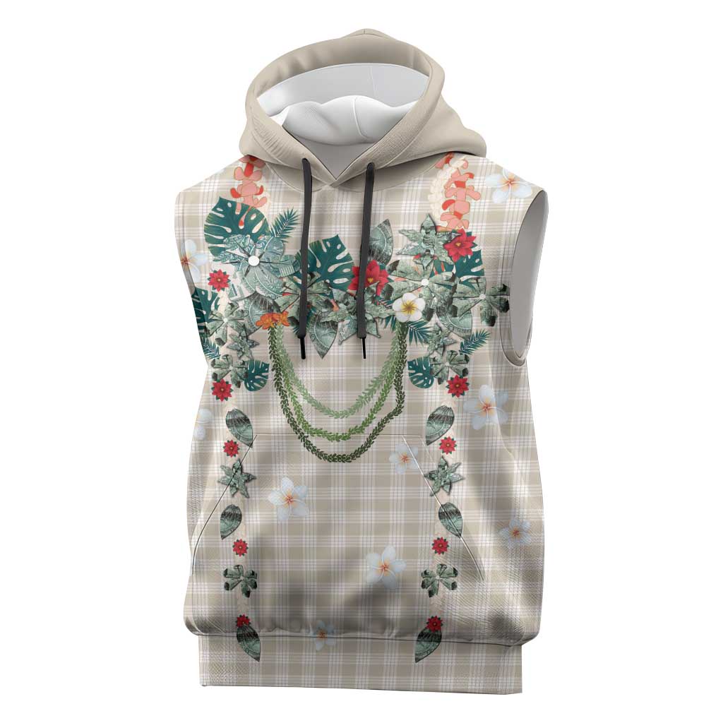Brown Hawaiian Palaka Sleeveless Hoodie Kukui Nut Money Lei - Polynesian Pride