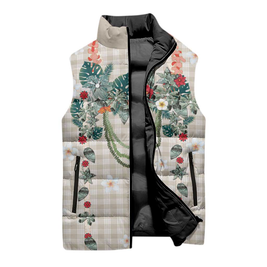Brown Hawaiian Palaka Sleeveless Puffer Jacket Kukui Nut Money Lei - Polynesian Pride