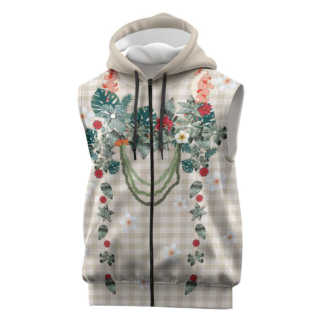 Brown Hawaiian Palaka Sleeveless Zip Hoodie Kukui Nut Money Lei - Polynesian Pride
