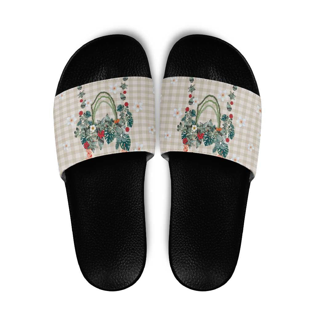 Brown Hawaiian Palaka Slide Sandals Kukui Nut Money Lei - Polynesian Pride