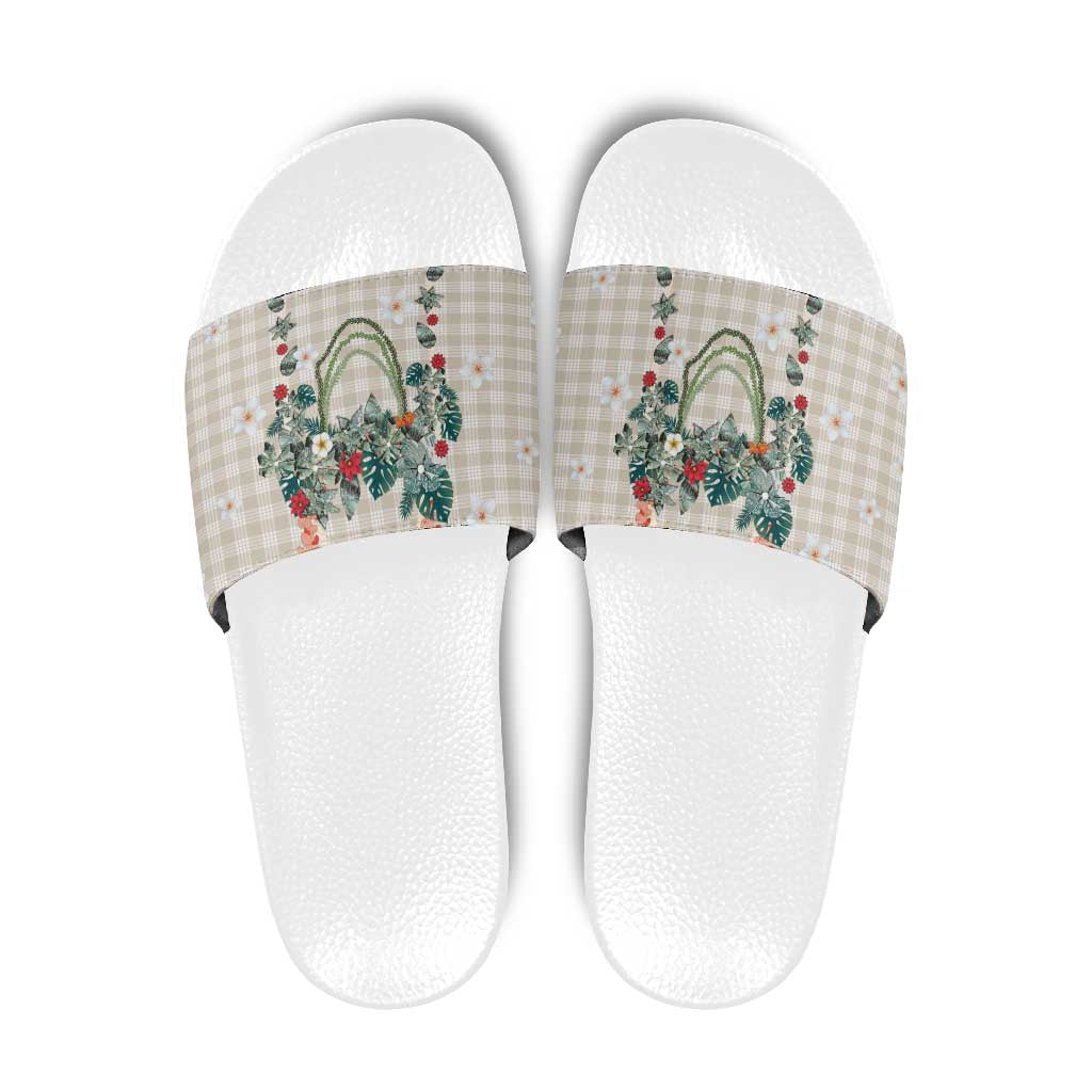 Brown Hawaiian Palaka Slide Sandals Kukui Nut Money Lei - Polynesian Pride