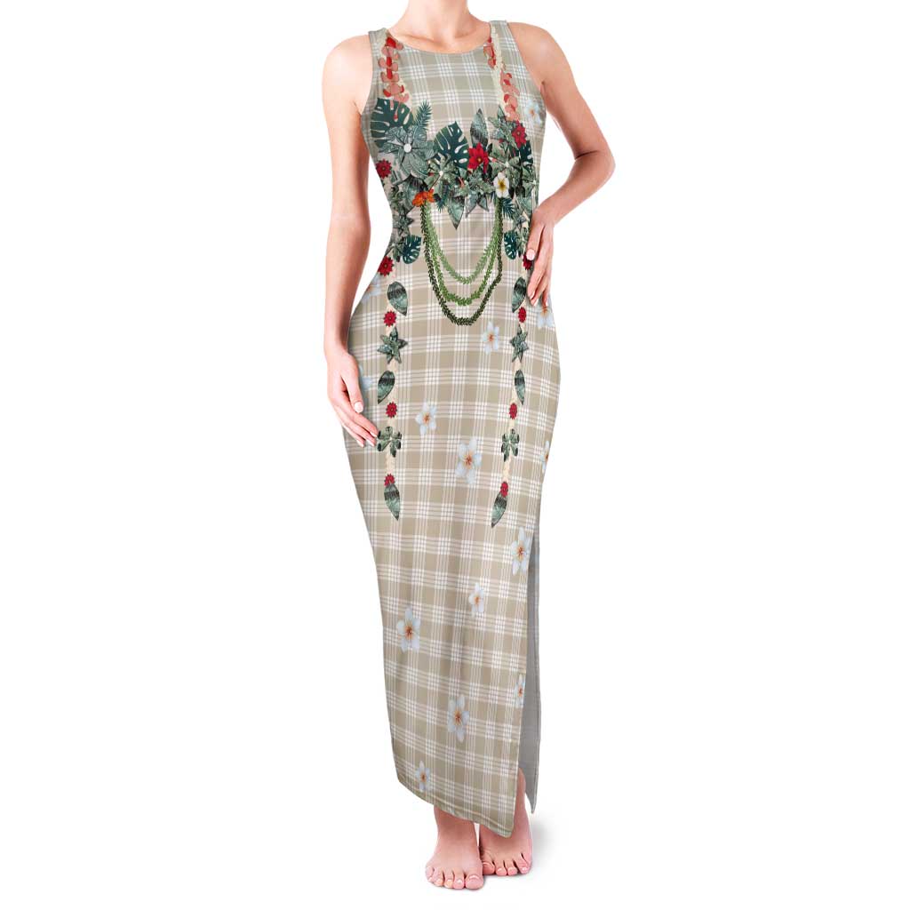 Brown Hawaiian Palaka Tank Maxi Dress Kukui Nut Money Lei - Polynesian Pride