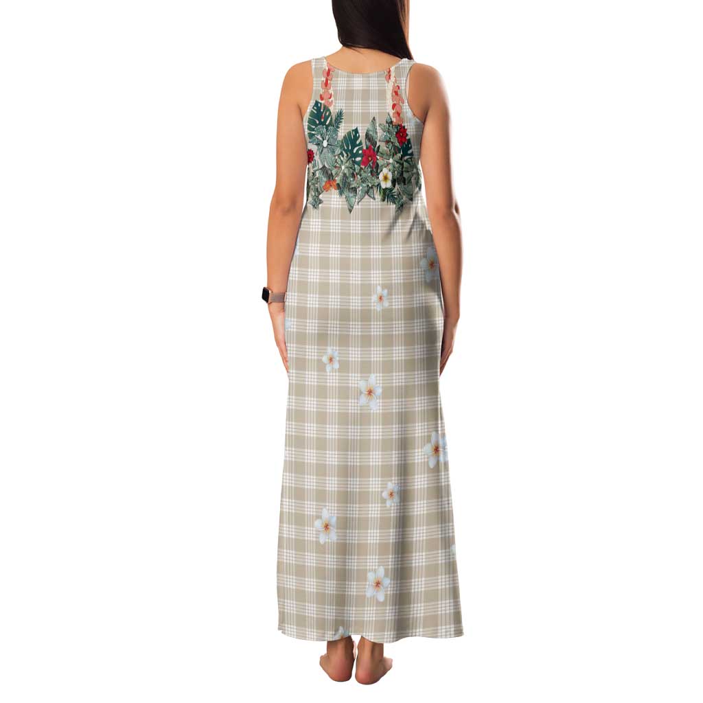 Brown Hawaiian Palaka Tank Maxi Dress Kukui Nut Money Lei - Polynesian Pride