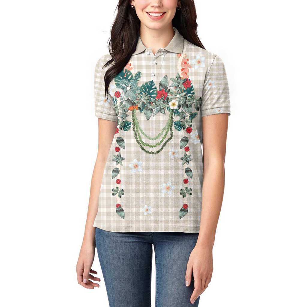 Brown Hawaiian Palaka Women Polo Shirt Kukui Nut Money Lei - Polynesian Pride
