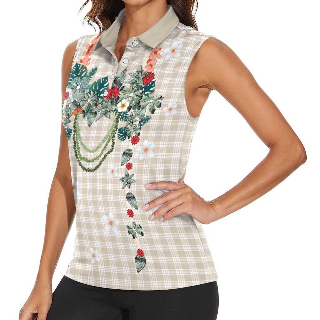 Brown Hawaiian Palaka Women Sleeveless Polo Shirt Kukui Nut Money Lei - Polynesian Pride