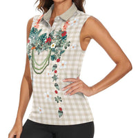 Brown Hawaiian Palaka Women Sleeveless Polo Shirt Kukui Nut Money Lei - Polynesian Pride