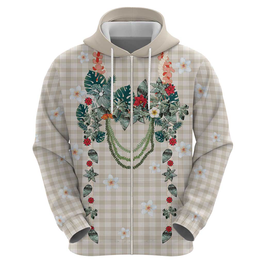 Brown Hawaiian Palaka Zip Hoodie Kukui Nut Money Lei - Polynesian Pride