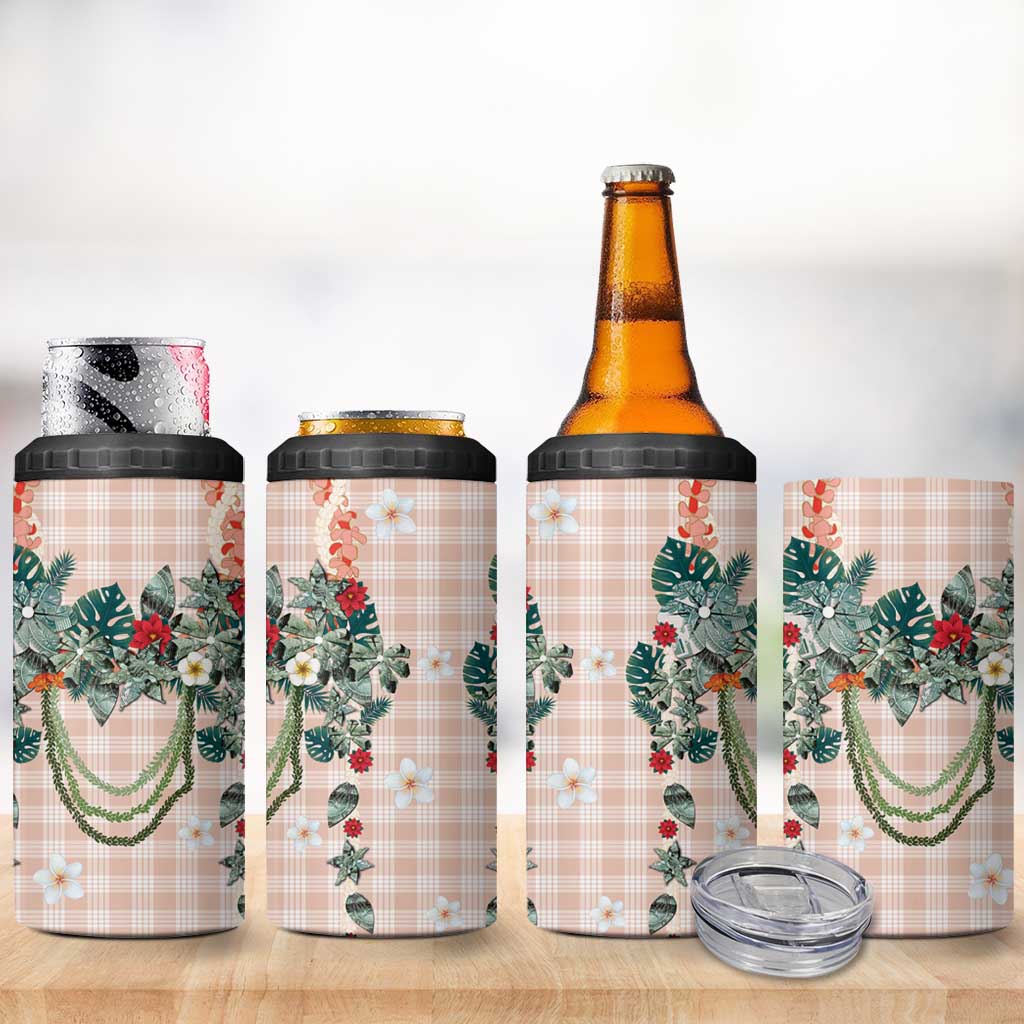 Peach Hawaiian Palaka 4 in 1 Can Cooler Tumbler Kukui Nut Money Lei - Polynesian Pride