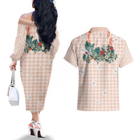 Peach Hawaiian Palaka Couples Matching Off The Shoulder Long Sleeve Dress and Hawaiian Shirt Kukui Nut Money Lei LT9 - Polynesian Pride