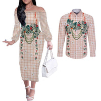 Peach Hawaiian Palaka Couples Matching Off The Shoulder Long Sleeve Dress and Long Sleeve Button Shirt Kukui Nut Money Lei - Polynesian Pride