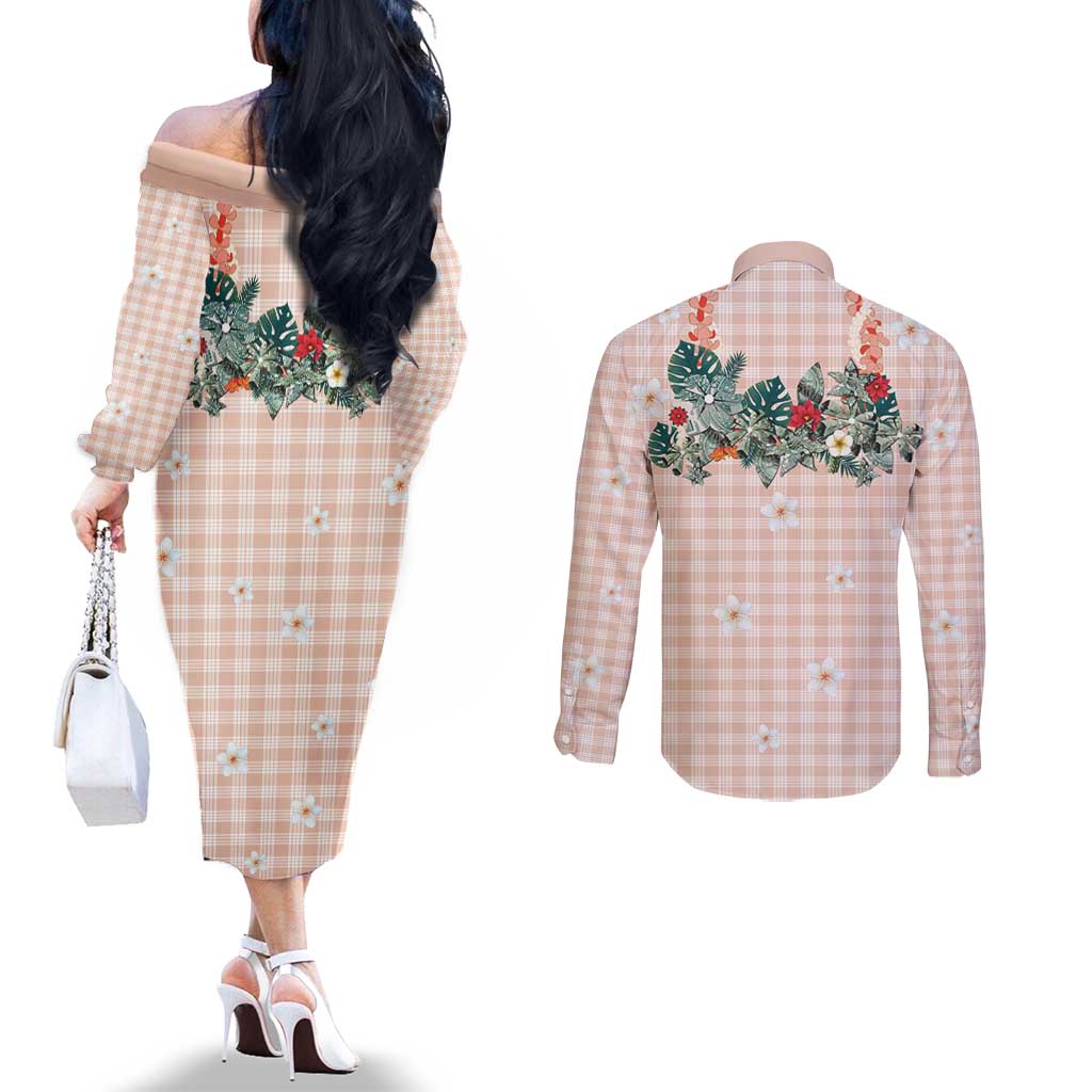 Peach Hawaiian Palaka Couples Matching Off The Shoulder Long Sleeve Dress and Long Sleeve Button Shirt Kukui Nut Money Lei - Polynesian Pride