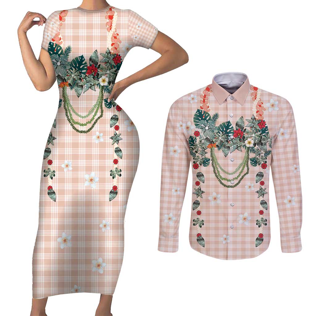 Peach Hawaiian Palaka Couples Matching Short Sleeve Bodycon Dress and Long Sleeve Button Shirt Kukui Nut Money Lei LT9 Peach - Polynesian Pride