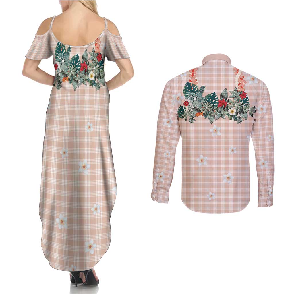 Peach Hawaiian Palaka Couples Matching Summer Maxi Dress and Long Sleeve Button Shirt Kukui Nut Money Lei - Polynesian Pride